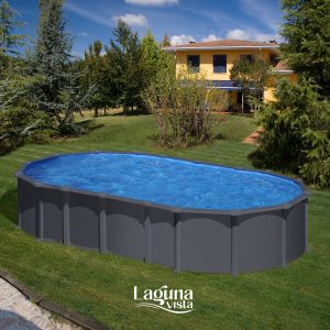 Ovalus GRE 132 cm aukščio antracitinis plieninis lauko baseinas 730 x 375 cm be atramų